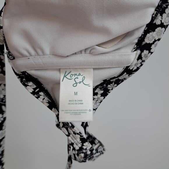 Kona Sol Bikini Swim Top M Floral Tie Neck Halter Bandeau Swimwear‎ Black White - Picture 2 of 6